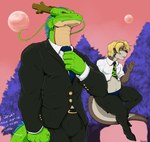 adjusting_tie anthro awkward black_clothing black_suit blonde_hair blue_ear_ring brown_body brown_fur clothing duo fist fur gesture green_body green_scales hair male male/male membrane_(anatomy) necktie otter_tail planet plant pregnant pregnant_male purple_tree red_eyes red_sky scales shirt sky suit text topwear tree waving webbed_hands white_clothing white_shirt white_topwear pandottermon shenron mammal mustelid otter 2025 artist_name hi_res signature