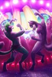 anthro balls casual_nudity crowd dance_floor dancing disc_jockey duo genitals group laser lights male music nude earnesternest viridis zantic felid hybrid mammal pantherine tiger hi_res