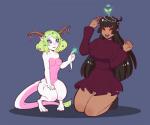 blue_eyes breasts claws clothed clothing crouching dress duo eyes_closed feet female flower footwear fur green_hair hair heart_symbol hindpaw horn humanoid_pointy_ears kneeling long_hair magic nude pawpads paws pink_body pink_fur pink_pawpads plant pointy_ears shoes short_hair smile tail thick_thighs white_body white_fur redrabbu mythology dragon elf humanoid mythological_creature mythological_scalie scalie 2016