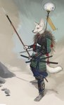 2022 ambiguous_gender armor banoncat canid canine cloth_belt dual_swords fox hi_res holding_melee_weapon holding_object holding_polearm holding_spear holding_weapon katana leg_armor looking_aside looking_at_viewer mammal melee_weapon open_mouth polearm samurai_armor scabbard spear sword weapon yellow_eyes