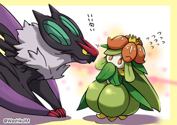 abstract_background border claws crown duo eye_contact feral flower_(anatomy) hand_to_mouth headgear larger_feral leaf leaf_arms leaf_hair looking_at_another membrane_(anatomy) membranous_wings neck_tuft nervous orange_eyes plant plant_hair pseudo_hair shadow size_difference smaller_humanoid standing tuft wing_claws wings yellow_border yellow_eyes washikulm nintendo pokemon bat elemental_creature elemental_humanoid flora_fauna generation_5_pokemon generation_6_pokemon humanoid lilligant mammal noivern plant_humanoid pokemon_(species) 2024 hi_res