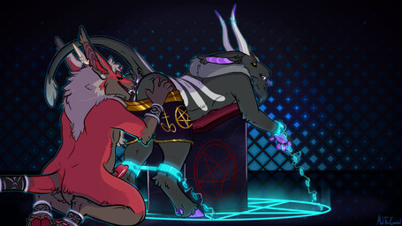 anal animal_genitalia animal_penis ankle_cuffs anthro arms_tied black_body black_fur black_hair black_sclera bodily_fluids bottomwear bottomwear_down bound canine_genitalia canine_penis clothed clothing cloven_hooves cuff_(restraint) cum cum_from_ass cum_in_ass cum_inside duo ear_piercing ear_stud erection facial_hair felching fuck_bench fur furgonomics furry-specific_piercing gauged_ear genital_fluids genitals goatee grey_body grey_fur hair hooves horn horn_piercing horn_ring_(piercing) kneeling leaking_cum legs_tied male male/male male_anthro masturbation occult_symbol open_mouth open_smile oral pants pants_down partially_clothed penis pentagram piercing purple_body raised_tail red_body red_fur red_penis restraints rimming ring_piercing sex slightly_chubby slightly_chubby_anthro slightly_chubby_male smile summoning_circle symbol tail teeth tongue tongue_out topless topless_anthro topless_male white_body white_fur wrist_cuffs yellow_eyes meldritchhorror mythology asmodeus_(character) creak_(meldritchhorror) bovid canid canid_demon canine caprine demon goat hellhound mammal mythological_canine mythological_creature 2018 absurd_res hi_res