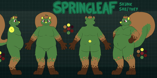anthro big_tail biped brown_body brown_fur brown_hair featureless_crotch fur green_background green_body green_fur hair multicolored_body multicolored_fur nude purple_eyes simple_background tail yellow_nose sexotheque springleaf_(character) mammal mephitid skunk 2026 absurd_res digital_media_(artwork) hi_res model_sheet nonbinary_(lore)