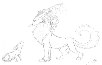 ambiguous_gender digitigrade duo feathered_crest feathers feral fur head_crest mane sitting standing tail azerane watership_down prince_rainbow_(watership_down) lagomorph leporid mammal rabbit unknown_species 2006 black_and_white dated graphite_(artwork) monochrome sketch traditional_media_(artwork)