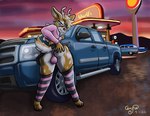 anthro antlers bottomwear brown_body brown_fur bulge butt clothing detailed_background femboy fur gas_station hoodie hooves horn legwear male outside panties presenting presenting_hindquarters raised_tail skirt solo sunset tail thigh_highs topwear truck_(vehicle) underwear vehicle ceryne_(artist) chevrolet chevrolet_bel_air chevrolet_silverado general_motors felix_(buckfelix47) deer mammal hi_res