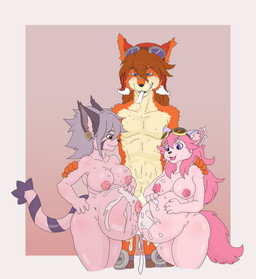 anthro belly bellyjob big_belly blue_eyes bodily_fluids bone_in_mouth botezuri both_pregnant breasts brown_eyes brown_hair claws clothing collaborative collaborative_bellyjob collaborative_sex cum cum_covered cum_on_belly cum_on_body eyewear eyewear_on_head female fur genital_fluids genitals goggles goggles_on_head grey_hair group hair hand_on_shoulder hat headgear headwear male male/female messy multiple_pregnancies mutual_pregnancy nipples nude orange_body orange_fur penis pink_body pink_fur pink_hair polyamorus_pregnancy pregnant pregnant_anthro pregnant_female purple_eyes smile trio dktorzi cyberconnect2 little_tail_bronx solatorobo chocolat_gelato elh_melizee red_savarin american_shorthair canid canine caninu canis domestic_cat domestic_dog felid feline felineko felis mammal pomeranian spitz absurd_res hi_res