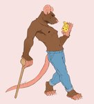 anthro bottomwear brown_body brown_fur cheese clothed clothing dairy_products denim denim_bottomwear denim_clothing food fur jeans looking_at_viewer male nipples pants simple_background skinny_male smile solo standing tail thin_tail walking_stick koorivlf mammal murid murine rat rodent series_(disambiguation) 2021 digital_media_(artwork) signature