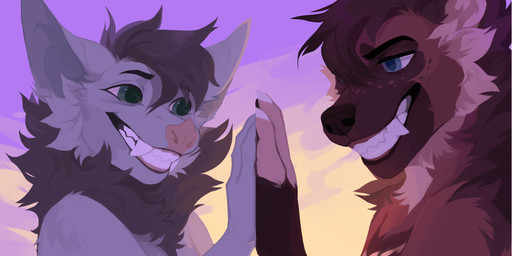 anthro blue_eyes blue_pupils brown_body brown_fur brown_hair cheek_tuft chest_tuft duo eye_contact facial_tuft fangs fur green_eyes green_pupils grey_body grey_fur grey_hair grin hair happy looking_at_another male narrowed_eyes nude orange_body orange_fur outside pupils sky smile tan_body tan_fur teeth tuft unsigned corzh77 bat canid mammal 2:1 absurd_res hi_res