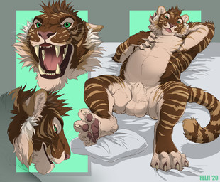 animal_genitalia anthro balls blep brown_body brown_fur fully_sheathed fur genitals green_eyes hand_behind_head looking_at_viewer lying male male_anthro musclegut muscular muscular_anthro muscular_male nude nude_anthro nude_male on_back open_mouth overweight overweight_anthro overweight_male pawpads sheath snarling solo spread_legs spreading striped_body striped_fur stripes tail tan_body tan_fur teeth tongue tongue_out whisker_spots whiskers felfi rogueliger kurroe felid mammal pantherine tiger 2020 artist_collaboration multiple_images