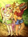 2021 3:4 absurd_res anthro apple applejack_(mlp) basket blue_clothing bottomwear carrying_another clothing container cowboy_hat cutoffs daisy_dukes denim denim_bottomwear denim_clothing duo earth_pony equid equine fluttershy_(mlp) food friendship_is_magic fruit furgonomics hasbro hat headgear headwear hi_res holding_object horse hotpants lidded_eyes lupiarts mammal my_little_pony mythological_creature mythological_equine mythology orange_body pattern_clothing pegasus plaid plaid_clothing plant pony shirt shorts skirt tail_through_skirt tank_top topwear unguligrade_anthro white_clothing wings yellow_body
