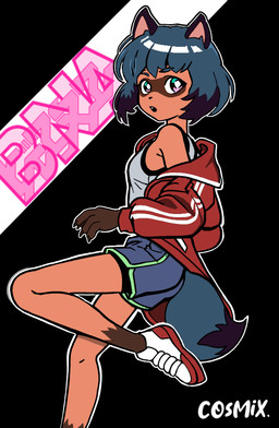 blue_body blue_hair breasts brown_body brown_fur brown_hair clothed clothing ears_up female footwear fur hair open_mouth pattern_clothing red_clothing shoes short_tail simple_background solo striped_clothing stripes tail text topwear cosmix brand_new_animal studio_trigger michiru_kagemori canid canine mammal raccoon_dog tanuki digital_media_(artwork) english_text hard_translated japanese_text signature translated