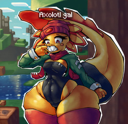 4_fingers ambiguous_gender anthro belly big_butt big_tail black_outfit blush breasts butt clothing eyebrows eyelashes fangs fingers footwear grass hat headgear headwear huge_hips huge_thighs lake military_uniform multicolored_body plant red_eyes scarf sky small_breasts socks solo swimwear tail teeth text thick_tail thick_thighs tree uniform wide_hips yellow_body z_dragon microsoft minecraft mojang xbox_game_studios amphibian aquatic axolotl mole_salamander salamander hi_res