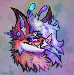 ambiguous_gender antennae_(anatomy) anthro bat_nose bent_ears big_ears blue_eyelids blue_eyes blue_inner_nose ear_piercing eyebrows eyelashes fluffy forehead_eye fur hair long_tongue multicolored_eyes orange_body orange_fur piercing pink_nose purple_eyes seam_(sewing) simple_background solo stitch_(sewing) teeth tentacle_tongue tentacles tongue underbite white_body white_eyebrows white_fur white_hair pinatareaper libra_(pinatareaper) alien canid canine fox fox_spirit mammal digital_drawing_(artwork) digital_media_(artwork) headshot_portrait hi_res portrait