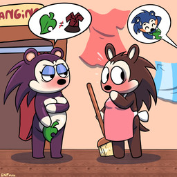 anthro apron blush breasts broom cleaning_tool cleavage clothed clothing covering covering_breasts covering_crotch covering_self dress female freckled_face freckles group leaf navel nude speech_bubble tail trio theenfman animal_crossing nintendo label_able mabel_able sable_able eulipotyphlan hedgehog mammal 1:1 hi_res