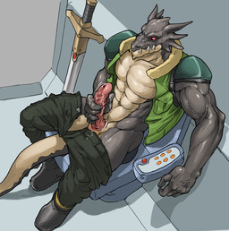 abs animal_genitalia anthro biceps big_muscles big_penis biped bodily_fluids bottomwear clothing dripping erection genital_fluids genitals horn jacket male masturbation melee_weapon muscular muscular_anthro muscular_male pants pecs penile penile_masturbation penis precum sitting solo sword tail topwear vest weapon berububs angel_links mythology outlaw_star duuz_delax_rex dragon mythological_creature mythological_scalie scalie