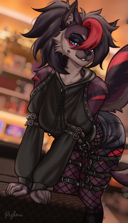 5_fingers anthro biped black_hair blue_eyes bottomwear breasts brown_body brown_fur brown_tail butt claws clothed clothed_anthro clothed_female clothing countershade_fur countershade_torso countershading ear_piercing facial_piercing female finger_claws fingers front_view fully_clothed fully_clothed_anthro fully_clothed_female fur hair inner_ear_fluff inside looking_at_viewer nose_piercing pants piercing smile solo standing striped_body striped_fur stripes tail teeth topwear tuft pizhma hyena mammal 2026 digital_drawing_(artwork) digital_media_(artwork) hi_res