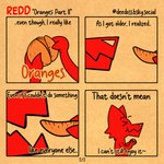 ambiguous_gender anthro cardboard comic_panel dialogue eating food fruit fur male orange_(fruit) peeling plant red_body red_fur simple_background simple_eyes simple_face solo tangerine_(fruit) text textured_background deedoss redd_(deedoss) canid canine canis fox mammal wolf 1:1 2024 absurd_res comic english_text hi_res huge_filesize