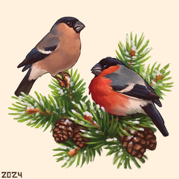 beak black_head black_tail_feathers branch brown_eyes duo evergreen_tree feathers feral grey_beak grey_body grey_feathers markings multicolored_body multicolored_feathers on_branch pine_tree pinecone plant red_body red_feathers simple_background tan_body tan_feathers tree white_background white_body white_feathers white_markings wings alexpahomov avian bird eurasian_bullfinch finch oscine passerine true_bullfinch 1:1 2024 digital_media_(artwork) digital_painting_(artwork) painting_(artwork)