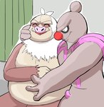 anthro brown_body brown_fur curtains duo fangs fur hand_on_belly inside male male/male slightly_chubby slightly_chubby_male tan_body tan_skin teeth white_body white_fur pixiv_id_17208108 manatsu_no_yo_no_inmu nintendo pokemon gaba_ana_daddy shimada_buchou conkeldurr generation_3_pokemon generation_5_pokemon pokemon_(species) slaking 2015