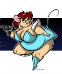 accessory anthro belly big_belly big_breasts breasts buckteeth clothing dress female footwear gun hair hair_accessory hairband holding_gun holding_object holding_ranged_weapon holding_weapon huge_breasts laser_gun mature_female obese obese_anthro obese_female overweight overweight_anthro overweight_female ranged_weapon red_hair solo teeth thick_thighs weapon dutch_(artist) misty_the_mouse space_ace beth_(dutch) kimberly_(space_ace) mammal mouse murid murine rodent 2016 digital_media_(artwork)