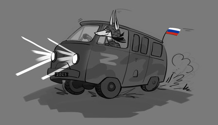 ambiguous_gender anthro clothed clothed_anthro clothing driving_car eyelashes fully_clothed fully_clothed_anthro furgonomic_helmet hair headlight inside_vehicle long_ears long_hair long_neck long_snout medium_truck military_uniform politics russian russian_federation russian_flag simple_background smile snout solo truck uniform unsigned van vehicle z_(military_symbol) ulolin russo-ukrainian_war uaz mammal unknown_species 2023 dated greyscale monochrome russian_description sketch translated_description