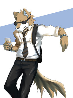 5_fingers anthro backpack belt bottomwear bracelet clock clothed clothing collared_shirt dress_shirt earbuds electronics eyewear fingers front_view fully_clothed fur headphones holding_object inner_ear_fluff jewelry male necktie pants portable_music_player rolled_up_sleeves shirt simple_background solo sunglasses tail tan_body tan_fur topwear tuft watch white_background white_body white_fur wristwatch silverio apple_inc. ipod canid canine canis mammal wolf 3:4