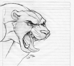 ambiguous_gender anthro cheek_tuft ears_back facial_tuft fangs narrowed_eyes open_mouth pivoted_ears pupils simple_background slit_pupils solo teeth tongue tongue_out tuft whiskers crazydrak felid mammal pantherine 2013 dated monochrome sketch
