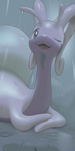 ambiguous_gender anthro green_eyes looking_at_viewer on_model one_eye_closed open_mouth raining solo white_body inkune nintendo pokemon generation_6_pokemon goodra pokemon_(species) 1:2 absurd_res hi_res