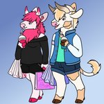 anthro bendy_straw beverage biped black_bottomwear black_clothing black_shirt black_shorts black_topwear blue_background blue_clothing blue_jacket blue_topwear bottomwear breasts brown_hooves clothed clothing drinking_straw duo female fully_clothed hair hooves jacket lgbt_pride male pink_eyes pink_hair pink_hooves pink_nose pride_colors shirt shopping_bag shorts simple_background topwear transgender_pride_colors goldiescales anthony_(goldiescales) bovid bovine cattle mammal 2018 trans_(lore) trans_man_(lore)