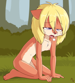 anthro blonde_hair bodily_fluids breath drooling female flat_chested fur genitals hair half-closed_eyes loli narrowed_eyes navel nipples nude orange_body orange_fur panting purple_eyes saliva sweat teeth tongue vulva young young_anthro young_female fuf kyara_(tanenjo) canid canine canis domestic_dog mammal 2024 hi_res