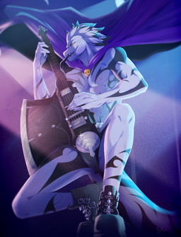 5_fingers anthro biped blue_body boots cape claws clothed clothing crouching electric_guitar fingers footwear grey_body guitar hair male musical_instrument orange_eyes playing_guitar playing_music plucked_string_instrument purple_clothing red_eyes scales shield shoes smile solo string_instrument tail teeth tongue tongue_out white_body white_hair white_scales yellow_eyes sadih lizard reptile scalie digital_media_(artwork) hi_res