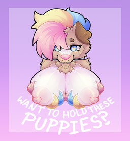 anthro areola arm_tuft banned big_breasts blue_eyes breasts brown_body brown_fur claws female finger_claws floppy_ears front_view fur gradient_background hair hand_on_breast heart_nipples holding_breast looking_at_viewer multicolored_body multicolored_claws multicolored_fur multicolored_hair neck_tuft nipples offering_to_viewer pink_hair presenting presenting_breasts shoulder_tuft simple_background smile smiling_at_viewer solo teeth text tuft white_body white_fur cluelessstarstream canid canine hybrid mammal bust_portrait digital_media_(artwork) hi_res portrait