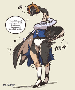 anthro beak boots breasts brown_hair clothing dialogue drunk female footwear hair high_heeled_boots high_heels long_neck mid_transformation non-mammal_breasts shoes simple_background solo species_transformation standing substance_intoxication text torn_clothing transformation underwear wings tail-blazer anatid anseriform anserine avian bird goose 2019 5:6 english_text