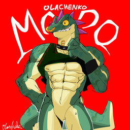 abs anthro basketball_uniform bottomless bottomless_anthro bottomless_male clothed clothing collar facial_piercing featureless_crotch green_body green_clothing green_scales green_shirt green_topwear head_spikes lip_piercing male muscular muscular_anthro muscular_male neck_piercing nose_piercing nose_ring pecs piercing purple_spikes red_background ring_piercing scales septum_piercing septum_ring shirt simple_background smile solo spikes spikes_(anatomy) sportswear studded_collar studs tail teeth text topwear uniform white_text yellow_sclera nettsakuragi goat_(movie) sony_corporation sony_pictures modo_olachenko komodo_dragon lizard monitor_lizard reptile scalie 1:1 2026 digital_media_(artwork) hi_res
