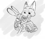 anthro buckteeth clothed clothing dipstick_ears duo ear_markings eyes_closed female gloves_(marking) grin male markings multicolored_ears shirt smile teeth topwear numbro disney zootopia judy_hopps nick_wilde canid canine fox lagomorph leporid mammal rabbit red_fox true_fox greyscale monochrome