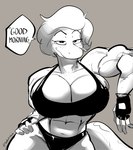 abs anthro big_breasts black_bra black_clothing black_gloves black_handwear black_panties black_underwear bra breasts cleavage cleavage_overflow clothed clothing female gloves hair handwear huge_breasts looking_at_viewer mature_anthro midriff muscular muscular_anthro muscular_female panties short_hair simple_background solo speech_bubble tail text underwear thedarkzircon amphibia_(series) disney fan_character odelia_(thedarkzircon) amphibian newt salamander 2023 english_text hi_res monochrome