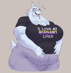 2_horns anthro belly big_belly big_breasts biped black_clothing black_shirt black_topwear blush blush_lines bodily_fluids bottomwear breasts clothing curvy_figure eyewear fangs female fupa fur glasses grey_bottomwear grey_clothing grey_pants hand_on_belly horn huge_breasts lgbt_pride looking_down mature_anthro mature_female monotone_background nonbinary_pride_colors open_mouth open_smile overweight pants pride_colors scut_tail shirt short_tail simple_background smile solo sweat sweatdrop tail tan_background teeth text text_on_clothing text_on_shirt text_on_topwear thick_thighs topwear voluptuous white_body white_fur white_horn alnoodle deltarune undertale_(series) toriel boss_monster_(undertale) bovid caprine mammal 2025 portrait three-quarter_portrait