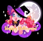 blue_eyes candy chibi clothing dessert female food happy happy_halloween hat headgear headwear holidays lollipop moon solo witch_hat yokokinawa friendship_is_magic halloween hasbro my_little_pony pinkie_pie_(mlp) equid equine horse mammal pony