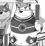 anthro armor belly duo male navel overweight overweight_male superhero unconvincing_armor visor guratan_wa lifewonders live_a_hero mokdai wolf_villain_(live_a_hero) canid canine canis domestic_dog mammal wolf hi_res