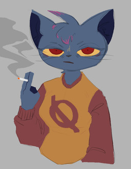 anthro cigarette clothing female fingers hair half-closed_eyes head_tuft holding_object looking_at_viewer narrowed_eyes red_eyes shirt smoking solo topwear tuft unimpressed whiskers yellow_sclera tehkaluc night_in_the_woods mae_borowski domestic_cat felid feline felis mammal 2020