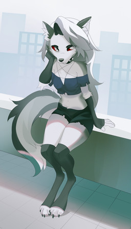 anthro bottomwear clothing collar crop_top evening_gloves female fingerless_gloves gloves handwear knee_highs legwear shirt shorts sitting solo spiked_collar spikes topwear wh1mp3r hellaverse helluva_boss mythology loona_(helluva_boss) canid canid_demon canine canis demon hellhound mammal mythological_canine mythological_creature wolf absurd_res hi_res