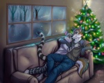 anthro christmas_lights christmas_star christmas_tree christmas_tree_topper clothing cozy cuddling duo furniture holidays hug inside lights living_room lying male pajama_bottoms pajamas plant romantic romantic_ambiance romantic_couple snow sofa tail tree window winter iggi christmas griofo leo-leonal felid mammal 2010 5:4