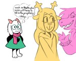 anthro blonde_hair brown_body brown_fur clothing eyewear female fur glasses group hair horn humor male pink_body pink_scales robe scales text thought_bubble trio white_body white_fur pynchosa deltarune undertale_(series) noelle_holiday ralsei susie_(deltarune) bovid caprine deer goat mammal new_world_deer reindeer english_text