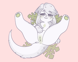 anus bangs blush female feral fur genitals green_anus green_blush green_markings green_pawpads green_vulva grey_eyes grey_hair hair half-closed_eyes leaf legs_up long_hair looking_at_viewer markings narrowed_eyes nude pawpads presenting presenting_vulva simple_background smile smiling_at_viewer solo spread_legs spreading tail vulva white_body white_fur shiones hybrid 2021 5:4 colored digital_drawing_(artwork) digital_media_(artwork) flat_colors