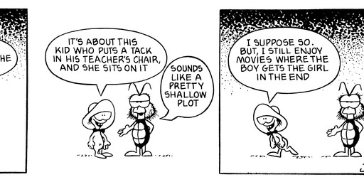 3_panel_comic antennae_(anatomy) anthro clothing dialogue duo gesture hand_gesture hat headgear headwear humor male pointing simple_background sun talking_to_another text jim_davis_(artist) gnorm_gnat_(series) jim_davis public_domain gnorm_gnat_(character) lyman_(gnorm_gnat) arthropod gnat insect unknown_species 1973 20th_century absurd_res ancient_art black_and_white comic english_text hi_res monochrome