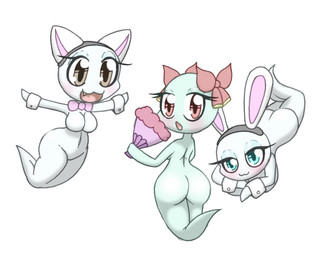 big_breasts big_butt breasts butt fake_cat_ears fake_ears female group hand_fan not_furry ribbons shirt_cuffs small_breasts bit-small mario_bros nintendo paper_mario paper_mario:_the_thousand_year_door paper_mario_(2000) lady_bow lahla_(mario) peeka_(mario) boo_(mario) ghost humanoid spirit absurd_res hi_res sibling_(lore) sister_(lore) sisters_(lore) twins_(lore)