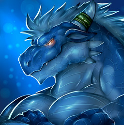 anthro blue_background blue_body blue_scales crossed_arms facial_spikes glowing glowing_eyes heart_symbol horn horn_jewelry horn_ring jaw_spikes jewelry male mane muscular muscular_anthro muscular_male overbite pecs ring_(jewelry) scales simple_background smile solo spikes spikes_(anatomy) bristles mythology dragon mythological_creature mythological_scalie scalie bust_portrait icon portrait