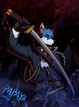 anthro black_sclera blue_hair clothed clothing dipstick_ears ear_markings fur glass_shards gloves grey_body grey_fur hair handwear holding_melee_weapon holding_object holding_sword holding_weapon inner_ear_fluff looking_at_viewer male melee_weapon multicolored_ears red_eyes short_hair simple_background smoke solo striped_ears sword tuft weapon white_body white_fur white_inner_ear_fluff papayafurry canid canine canis mammal wolf 2023 dated hi_res signature