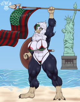anthro athletic athletic_female beach big_breasts big_butt bikini bikini_bottom bikini_top black_hair blue_body breasts butt clothing female fitness flag flag_(object) green_hair hair melee_weapon muscle_tone muscular polearm red_hair sand sea solo spear statue_of_liberty swimwear thick_thighs two-piece_swimsuit warrior water weapon white_body hybrid_art accipitrid accipitriform accipitriform_humanoid animal_humanoid avian avian_humanoid bald_eagle bird bird_humanoid eagle eagle_humanoid humanoid sea_eagle absurd_res hi_res