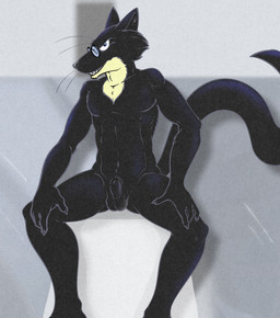 animal_genitalia anthro balls black_balls black_body black_fur black_nose black_sheath black_tail blue_eyes cheek_tuft claws countershade_neck countershading eyewear eyewear_only facial_tuft flaccid fully_sheathed fur genitals glasses glasses_only hands_on_legs inner_ear_fluff inside long_tail looking_at_viewer male multicolored_body multicolored_fur nude penis pince-nez presenting presenting_balls presenting_penis presenting_sheath sheath shower shower_room sitting smile solo spread_legs spreading tail teeth tuft two_tone_body two_tone_fur wearing_glasses whiskers illegaleel jack_salem gulonine mammal marten mustelid musteline sable_(marten) 2025 hi_res